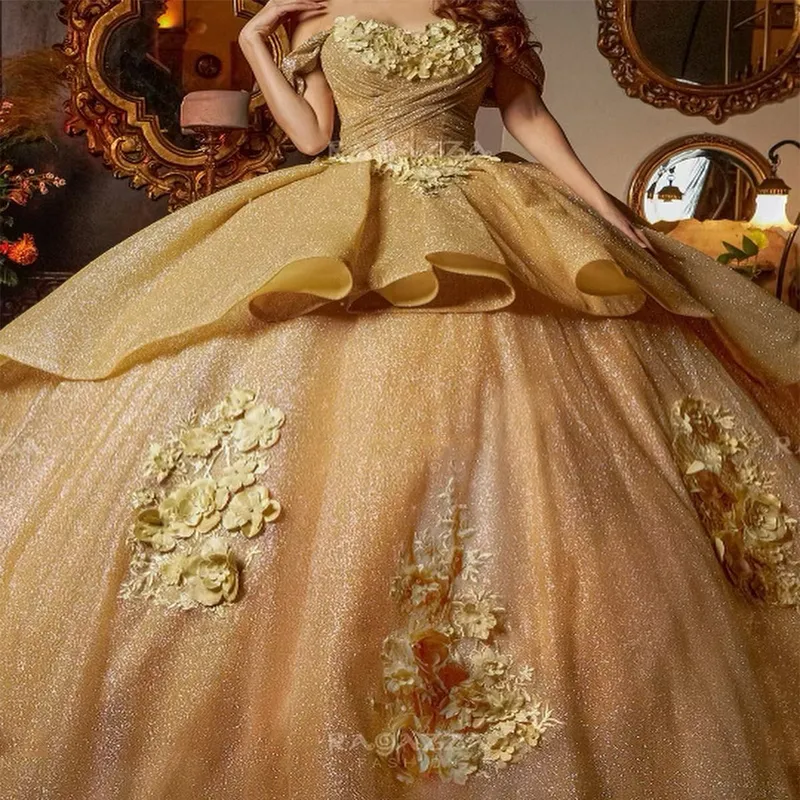 Gold glänzende Quinceanera-Kleider, exquisit, schulterfrei, Schatz-Applikationen, Spitze, Blume, Geburtstagsfeier, Ballkleid, Vestidos de 15