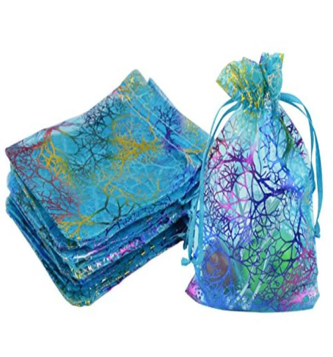 Enveloppe-cadeau entier100pcs Coralline Match Blue Organza Packaging Sac Jewelry Soap Party Favor Candy Christmas Gift Pouc1431126
