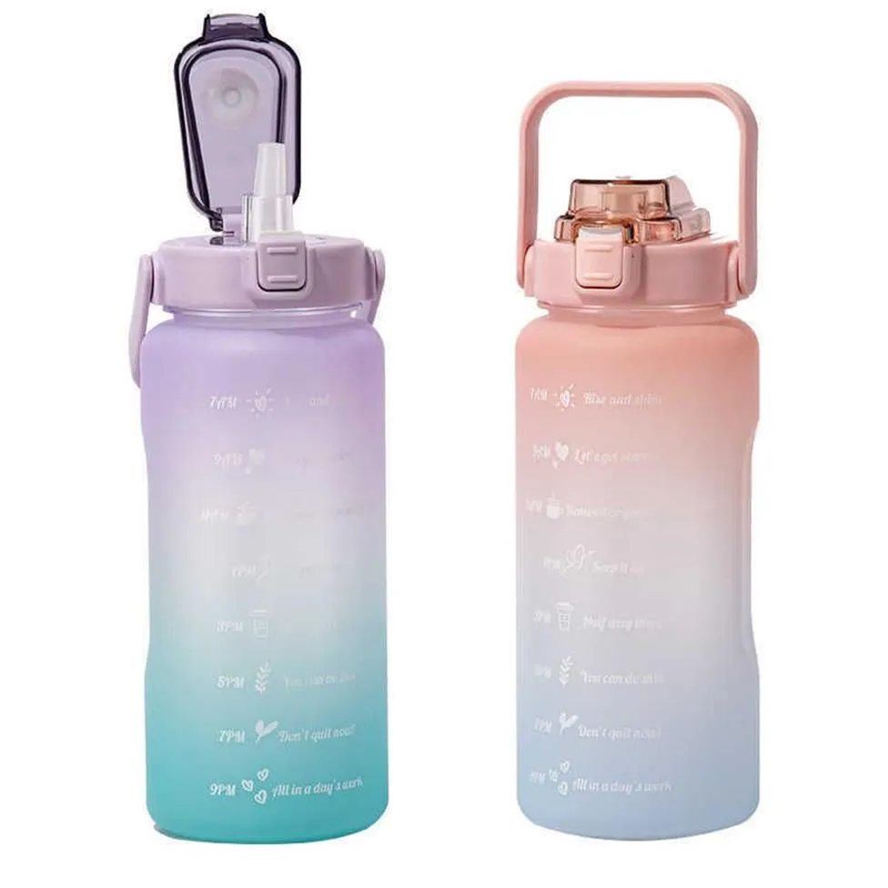 64oz 2000ml große Wasserflasche mit Zeitmarkierung, tragbar, auslaufsicher, BPA, ungiftig, Sporttrinkflasche mit Strohhalm Y0910283U