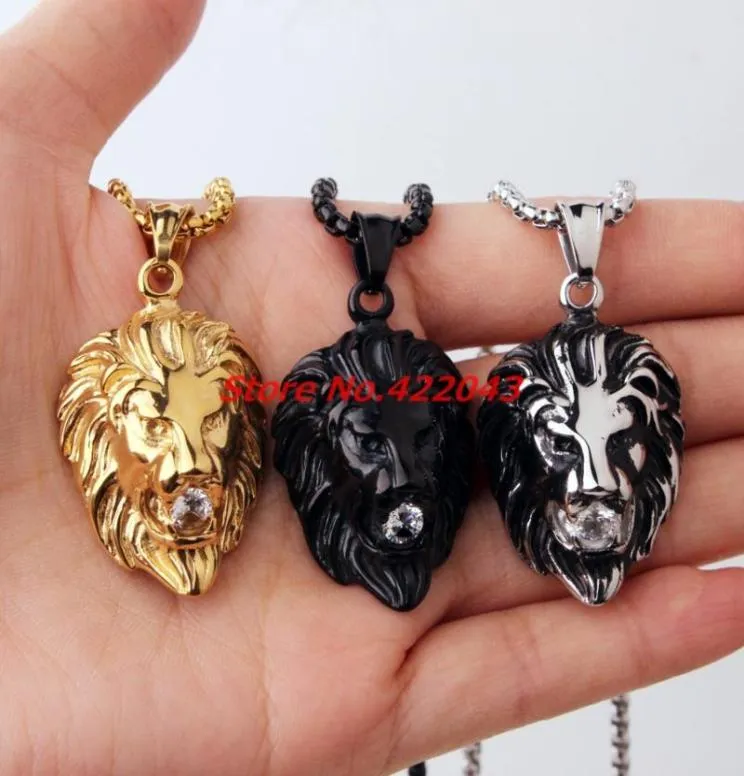 Hip Hop Lion Cristal Tête Pendentif Collier Pour Hommes En Acier Inoxydable Mâle Bijoux Amitié Cadeau Argent Or Noir Couleur Choisir C7564605