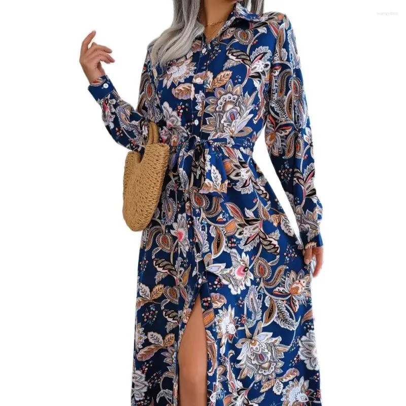 Casual Dresses Spring and Autumn Women's Vintage Flower Lapel Lace Up Shirt Long Dress Elegant Women Fashion Sleeve Vestidos