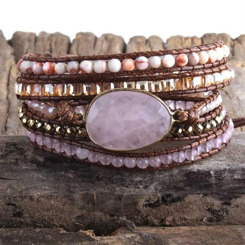 MD – Bracelet de perles Boho fait à la main, mélange de pierres naturelles, breloque en pierre de cristal, 5 brins, cadeau, Drop210r