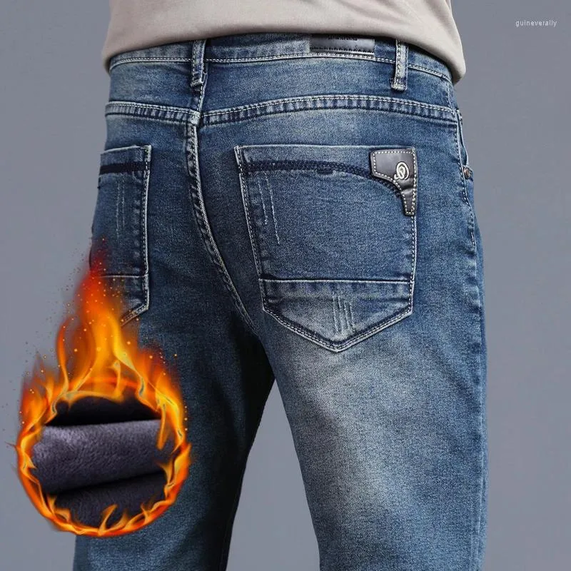 Herr jeans retre blå fleece män 2023 vinter stretch smal tjock varm sammet byxor mode koreanska manliga plysch mager denim byxor