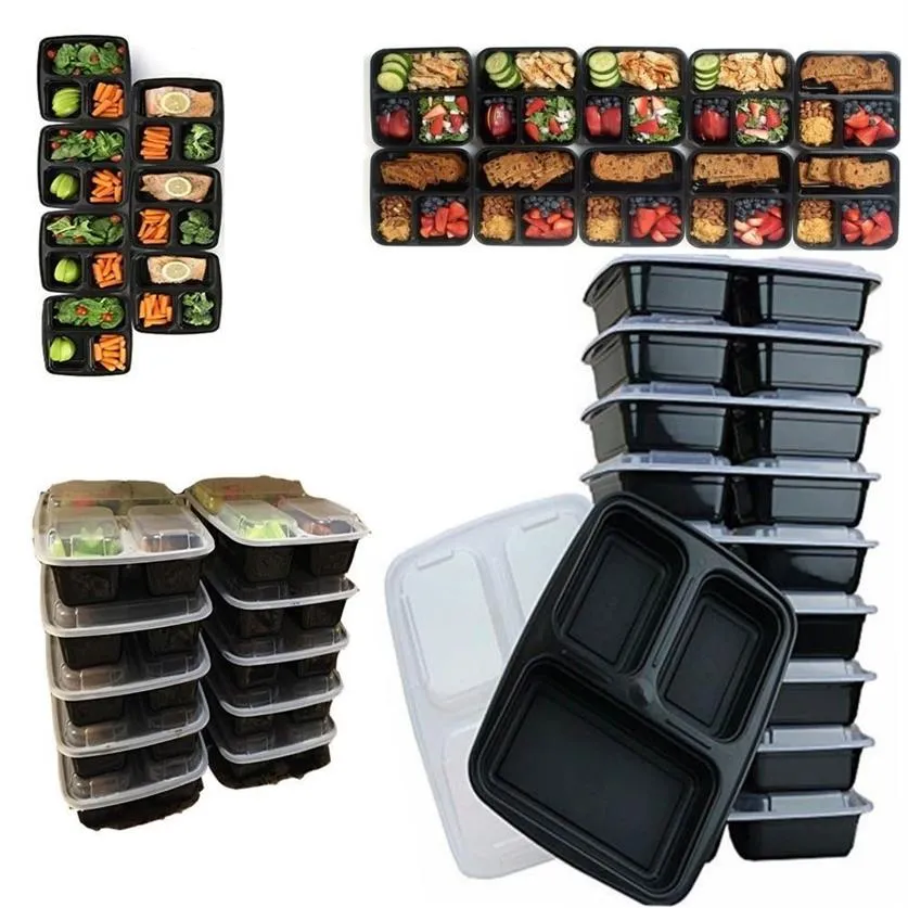 10 recipientes de preparação de refeição de plástico armazenamento de alimentos reutilizáveis micro-ondas recipiente de alimentos de 3 compartimentos com tampa micro-ondas y1116289h