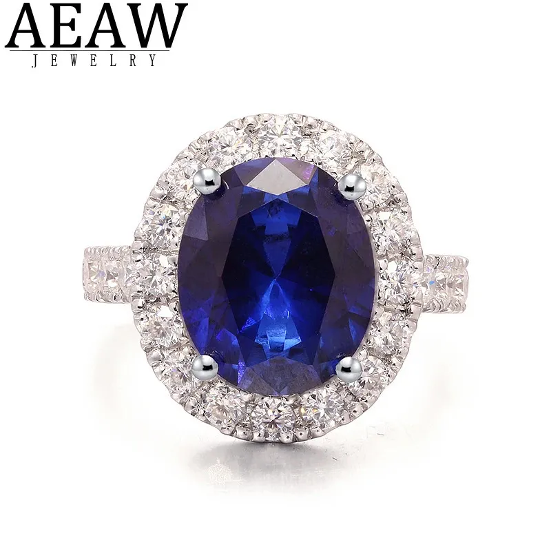 Bröllopsringar 100% 14K Solid White Gold 5.0ct Oval Lab Sapphire Huvudsten Bröllop Förlovningsring Gift Fina smycken för kvinnor 231208