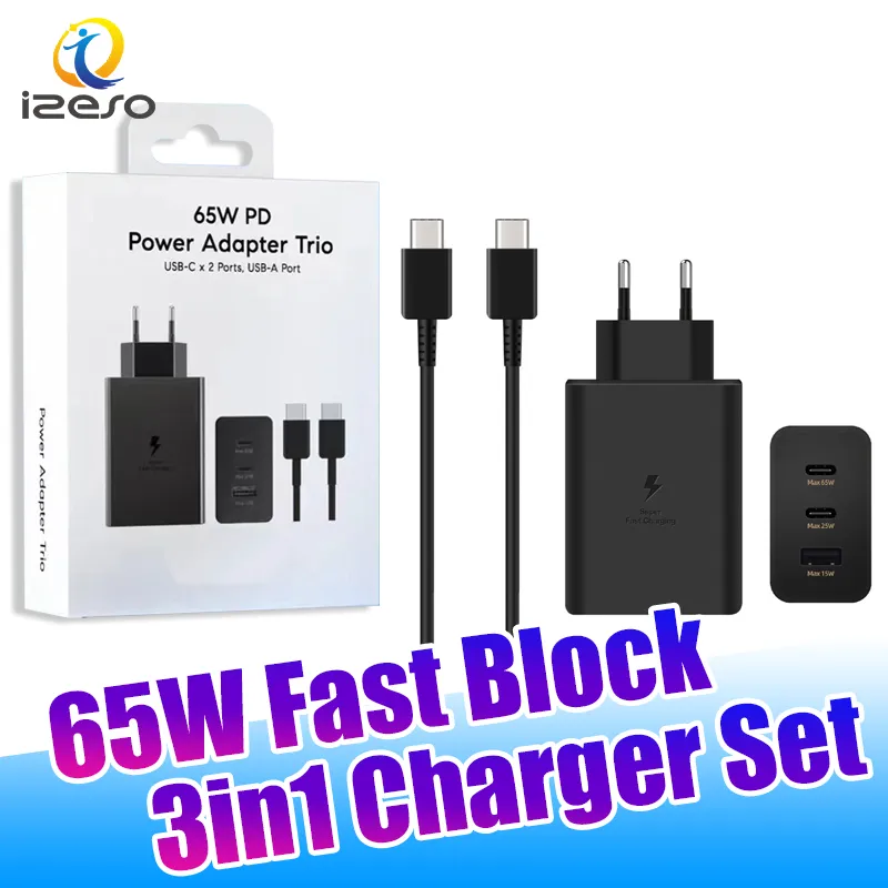 Cargador súper rápido de 65 W y 3 puertos para Samsung Galaxy S23 NOTA 20 Bloque de cargador rápido EP-T6530 PD Adaptador USB con paquete minorista izeso