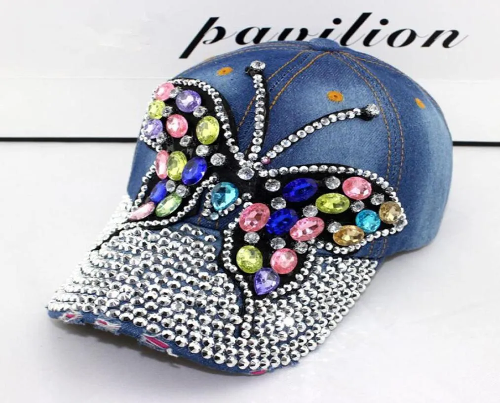 2019 Herbst Baseball Cap Frauen Voller Kristall Bunte Große Schmetterling Hut Denim Bling Strass Snapback Caps Casquette Sommer Hüte C08021744