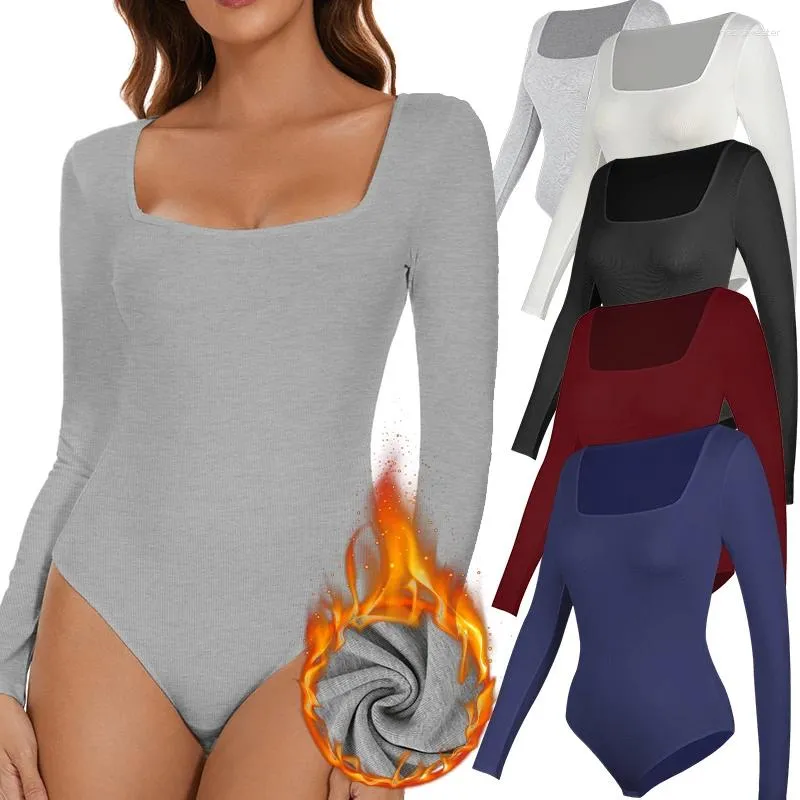 Women's Shapers Thermal Underwear Tops Low Cut Square Neck Long Sleeve Bodysuits Keep Warm Bottoming Shirt Compression Undershirts