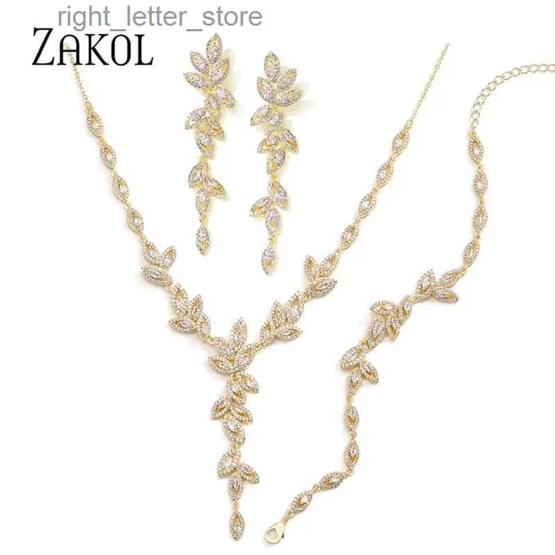 Stud Zakol Luxo Gold Color Folha Nupcial Conjuntos de Jóias de Casamento para Mulheres Marquise Zircon Brincos Colar Pulseiras Set YQ231211