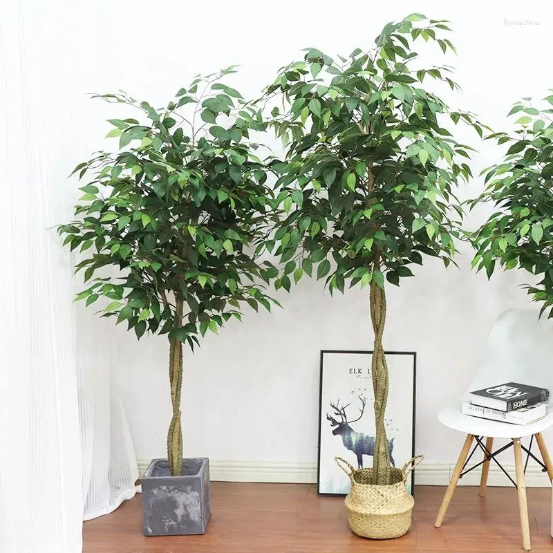 Dekorativa blommor 120/150/180/210 cm konstgjorda ficusträd med nästan naturliga blad och stam faux banyan potted simulering grön växt