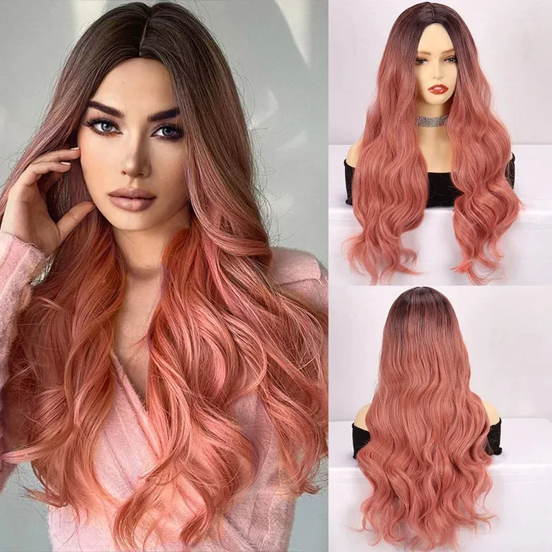 Cosplay Wigs Fashion synthetic wig women's long curly hair big wave gradient smoke pink synthetic fiber whole head cover 231211