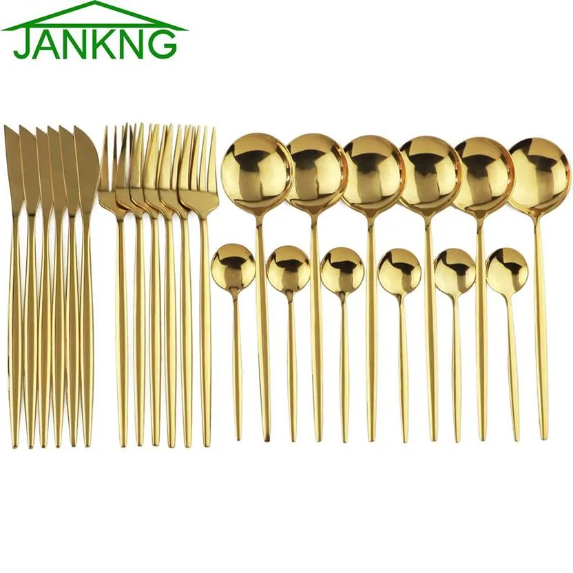 24Pcs Gold Geschirr Set Spiegel Besteck Geschirr 304 Edelstahl Besteck Westlichen Besteck Küche Abendessen LNIFE Löffel Gabel284D