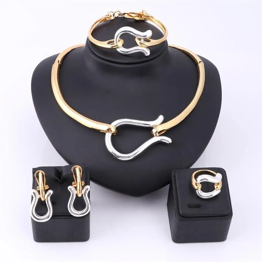 Vintage Retro Nigeriaanse Elegante Goud Verzilverd Ketting Oorbellen Ring Armband Bruids Sieraden Sets Voor Vrouwen Bruiloft Party238r