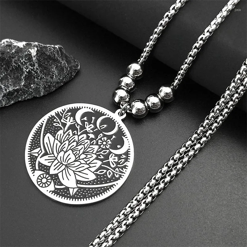 Collane con ciondolo Pendenti in acciaio inossidabile Wicca Lotus per uomo Collana a catena lunga con occhio di luna color argento nero Colgante Hombre