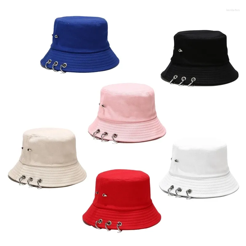 Bérets unisexe Hip Hop couleur unie chapeau de seau rivets à pointes anneaux en métal pêcheur