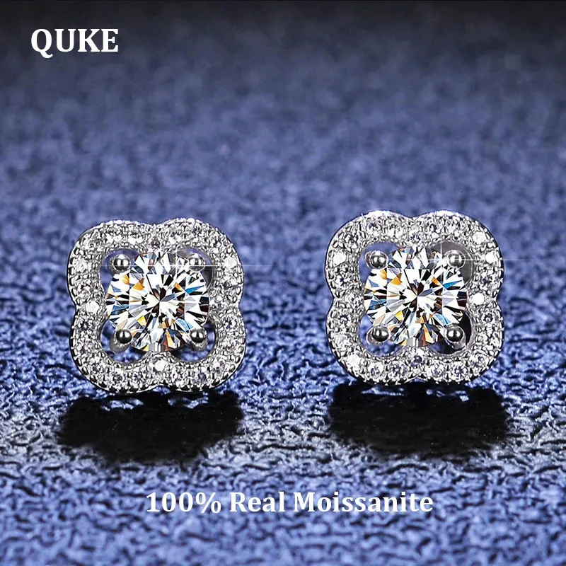 Cuelga la lámpara QUKE Real Trébol de cuatro hojas Pendientes de tuerca 05ct D Color VVS1 Puro 925 Plata de ley para mujeres Joyería fina de boda 231208