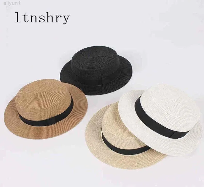 2021 New Women039S Hat Straw Sun Breatable Brim Brim Summer Boater Beach Ribbon Robbon Round Round Flat Top Hat للنساء 2736475