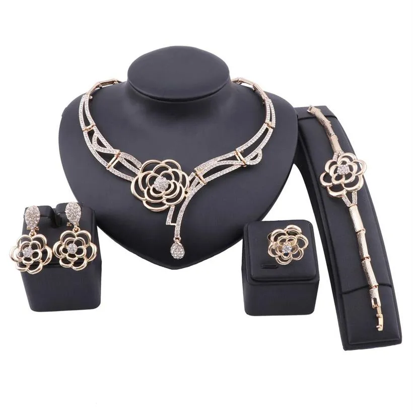 Mode Dubai couleur or bijoux fleur cristal collier Bracelet bague boucle d'oreille femmes accessoires de mariée italienne bijoux Set2169