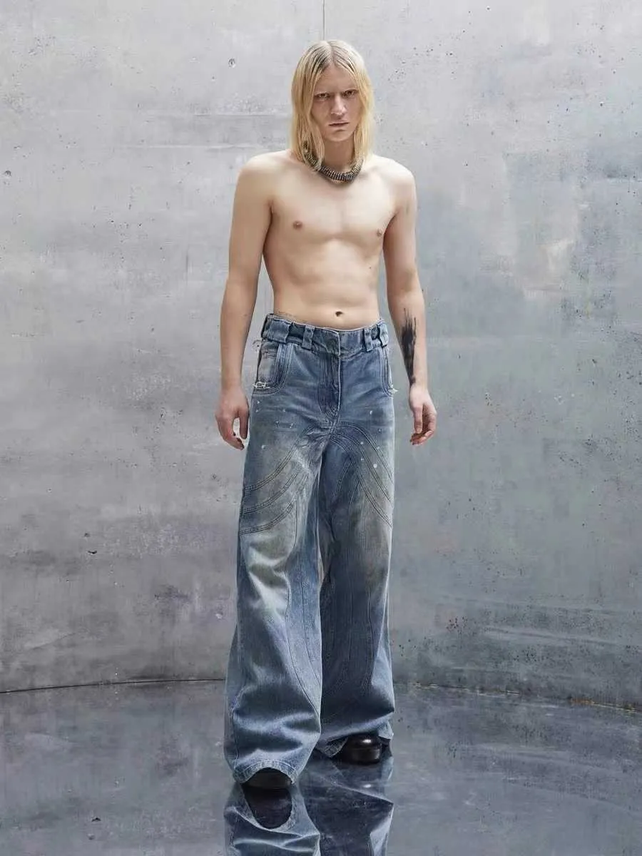 Men's Jeans Nofaith studios Designer Jeans Old Wash Black Grey Micro Horn Denim Loose Pants