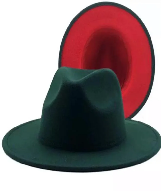 2021 Nouveau extérieur turquoise intérieur rouge patchwork laine feutre jazz fedora chapeaux hiver vert foncé femmes élégante dame église panama cap1339919