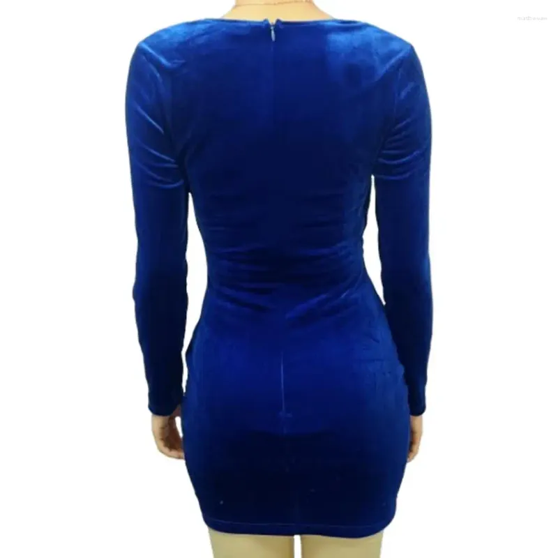 Robes décontractées Robe de coupe ajustée Col en V à manches longues Poudre brillante Mini plissée avec col en V profond Taille haute Noeud Femme pour le bal