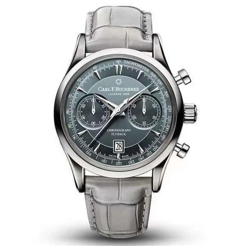 Carl F Bucherer Watch Marley Dragon Flyback Chronograph Grey Blue Calan Top en cuir STRAP MONTRES MONTRE MENS