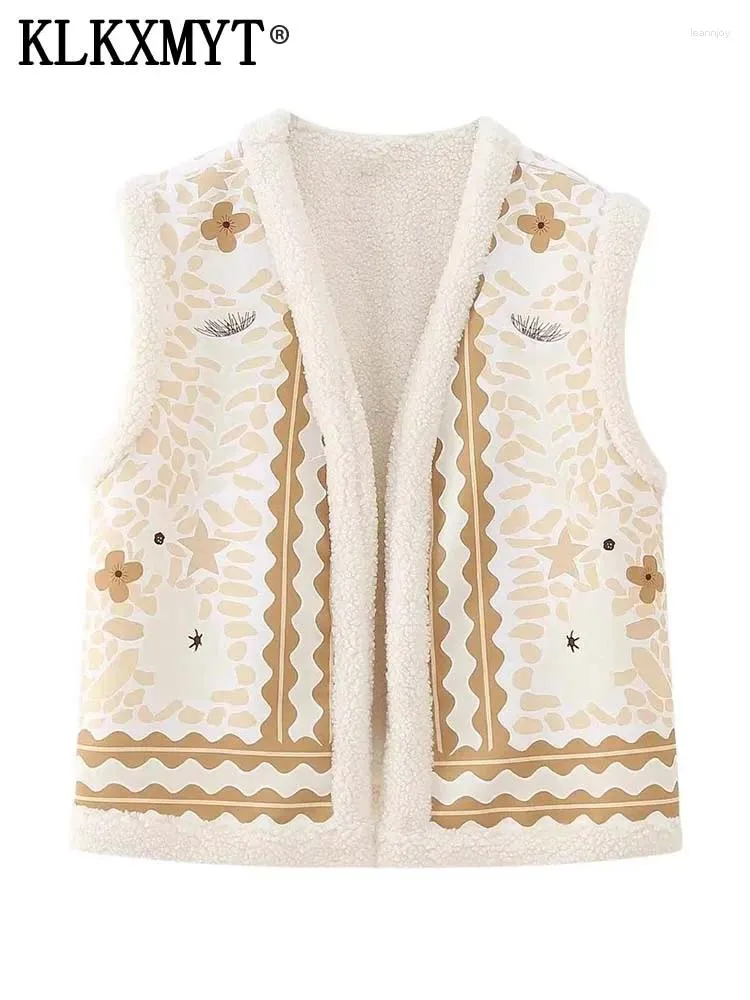 Women's Vests 2023 Vintage Print Sleeveless Vest Women Plush Cropped Jacket Woman Waistcoat Boho Warm Winter Coat