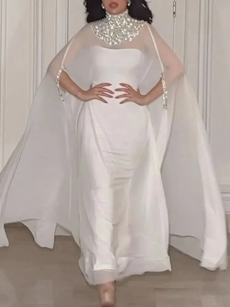 لباس غير رسمي للترتر المرقع الشيفون ماكسي فستان أنيق من ذوي الياقات البيضاء ذات الأكمام الطويلة الفضفاضة للسيدات سهرة الحفلات Vestido 231208