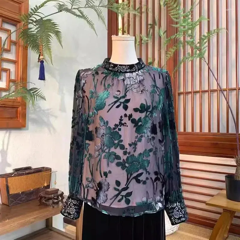 Bluzki damskie najlepsze końce kobiety chiński jedwabny stojak na stojak na stojak z długim rękawem bluzka elegancka dama All Math Velvet Pullover Shirt