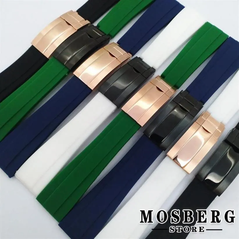 Watch Bands Strap 20mm High Quality Black White Green Blue Color Rubber Stainless Steel Buckle Watches Accessories Parts257H