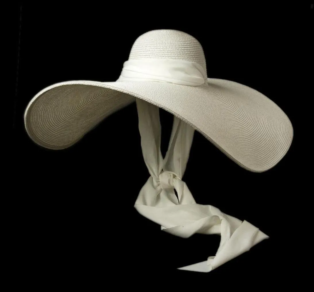 Wide Brim Hats Women White 25cm OVERSIZED Sun Soft Silk Ribbon Tie Floppy Giant Beach Straw Summer Kuntucky Derby Cap TSPG286x5309268