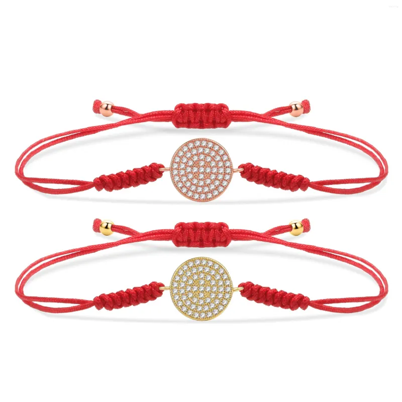 Charme pulseiras zircônia cúbica cristal redondo círculo discos pulseira mulheres completa cz pedras cordão vermelho macrame artesanal jóias presente
