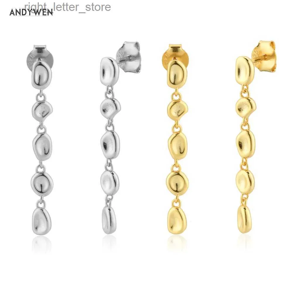 Stud ANDYWEN 925 Sterling Silver Gold 30mm Chain Drop Earring Stud Women Rock Punk Coins Roun Wedding Gift Clips Piercing Pendiente YQ231211