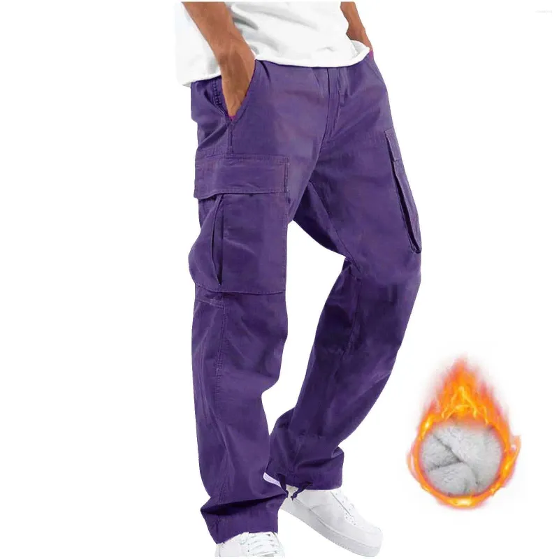 Calças masculinas inverno rua casual esportes multi bolso amarrar cor sólida quente h tecido carga treino sweatpants ao ar livre