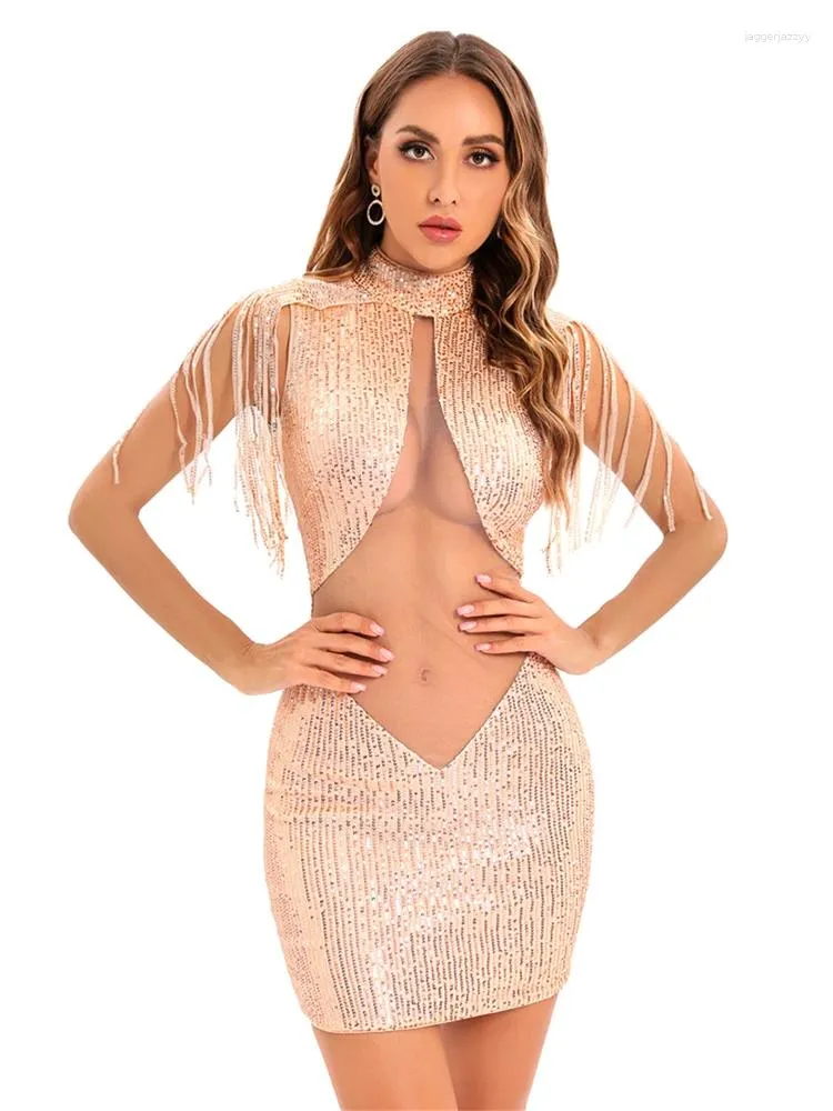 Sıradan Elbiseler Idress Seksi şeffaf örgü pullu elbise Kadın Kaplumbağa Glitter Bodycon Mini Tassels Club Sequins Yaz Akşam