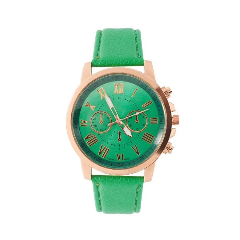 Модные зеленые женские часы с римским номером на циферблате, ретро Женевские студенческие часы, привлекательные женские кварцевые наручные часы с кожаным ремешком214V