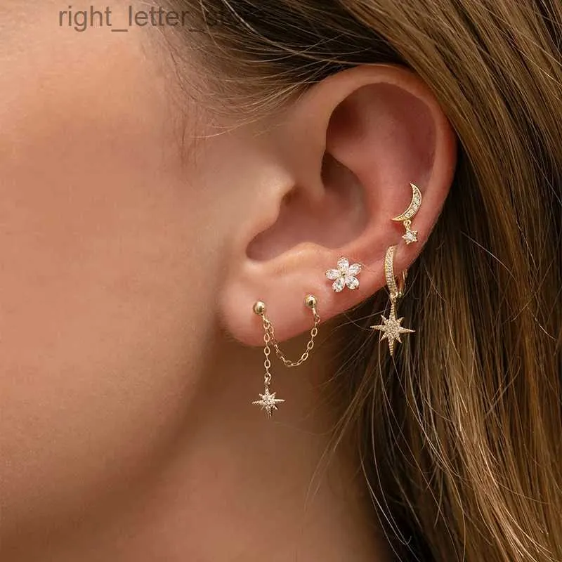 Stud Aide 925 Sterling Silver Due Cerchio Orecchini a cerchio per le donne Zircone Stella Catena pendente Nappa Doppio Huggie Orecchino Gioielli per feste YQ231211