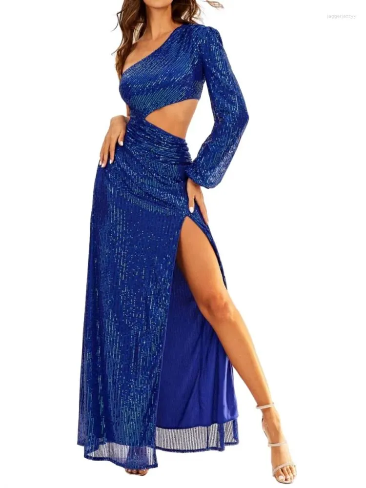 Robes décontractées Robe à paillettes bleues Robe de soirée Sexy Robes Femmes Hors Épaule Creux Slim Fit Split Manches Longues Robe Longue