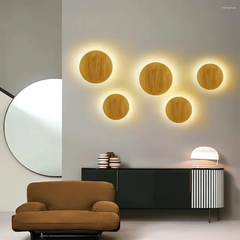 Wall Lamp Modern LED Lamps Nordic Bedroom Bedside Wooden Light For Background Living Room Kids Decorative Round Wood Lights