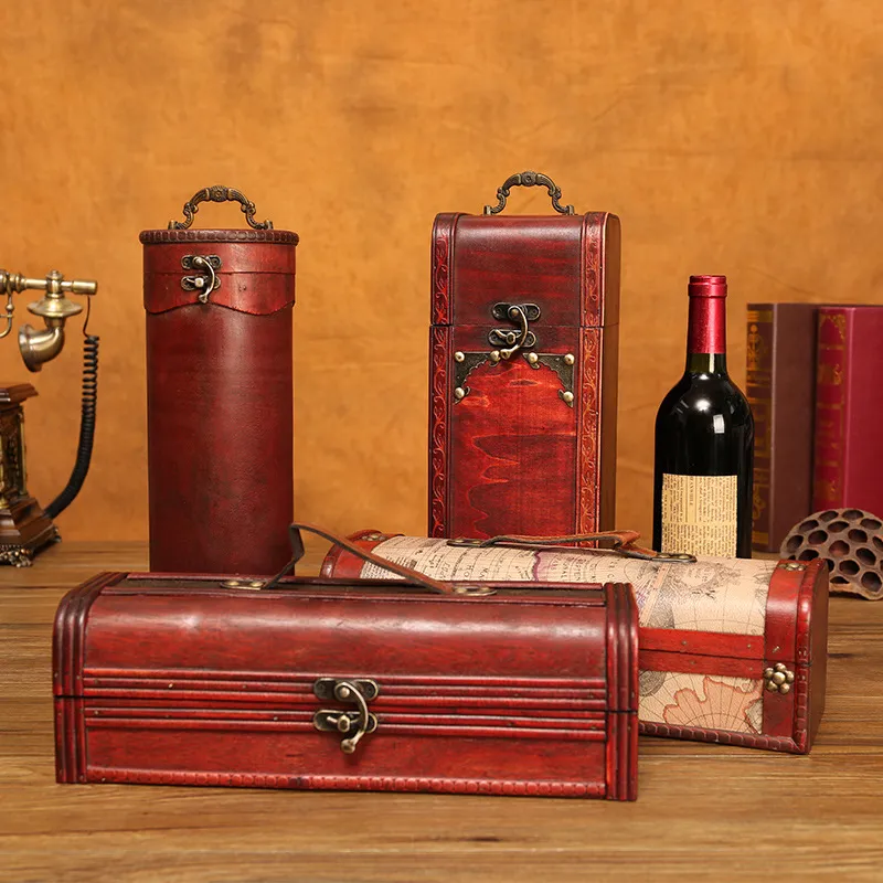 Vintage Archaistic Single/ Double Red Wine Box Portable Wood Wine Box Retro Gift Wine Storage Box Case Bottle Packag With Handle