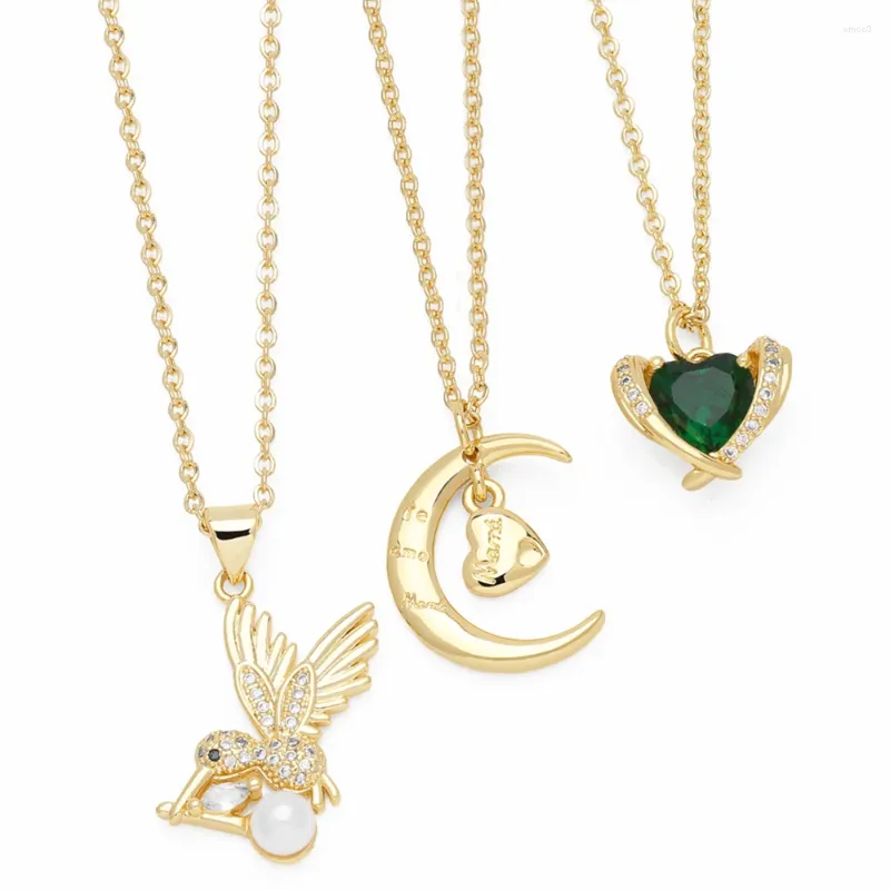 Collares colgantes FLOLA Cz Crystal Green Heart para mujeres Cobre Chapado en oro Luna Zircon Joyería Regalos Nken80