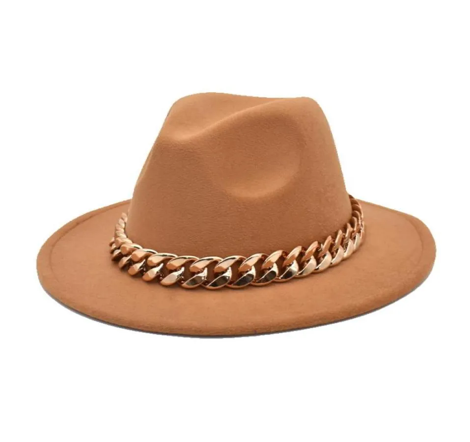 Designers de moda Europeus e Americanos Senhoras Mesquinho Brim Chapéus Grosso Cadeia Fedora Chapéu Big Brim Fashionable FlatBrimmed Cap Autum9299920