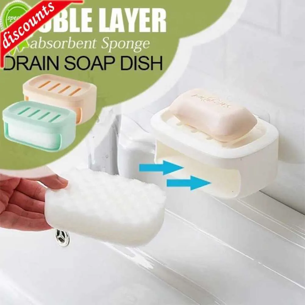 Atualizar caixa de sabão de dupla camada dreno com suporte de esponja para banheiro chuveiro cozinha portátil bandeja de armazenamento de sabão criativo dreno caso de sabão