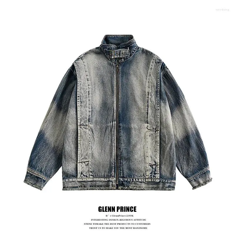 Men's Jackets National Trend Retro Motorcycle Stand Collar Denim Jacket American Heavy Industry Washed Distressed Loose Zipper Coats Top