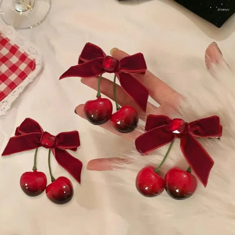 Haarschmuck 2 Stück rote Samtschleife Kirschclips Mädchen süße Schleife Quaste Kinder Haarnadel Vintage Haarspangen Kopfbedeckung