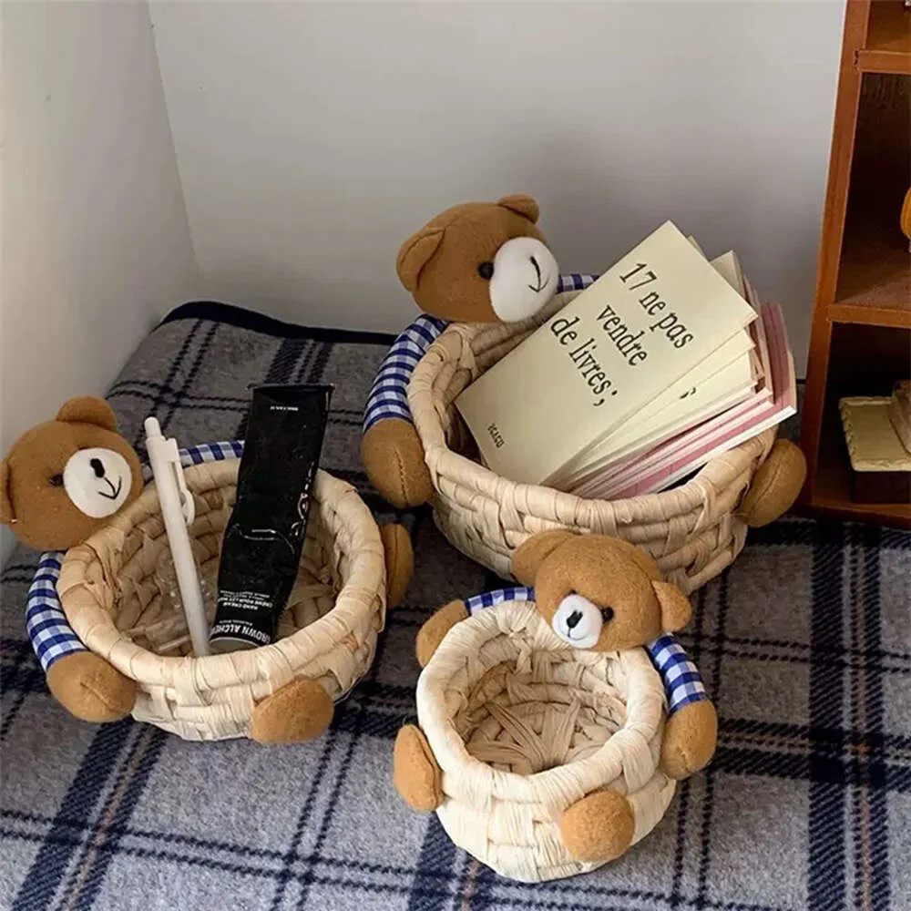 ECO Cartoon Bear Hand Woven Storage Basket Kids Toys Desktop Organizer Sundries Storage Box Laundry Baskets Home Decortions