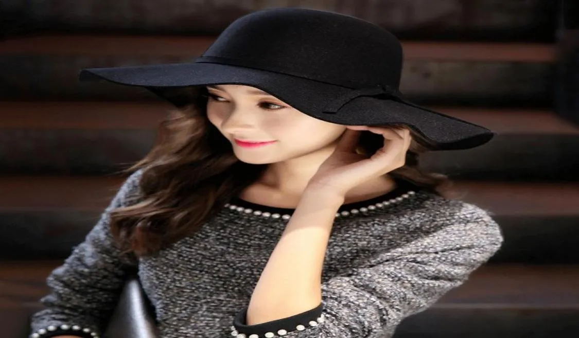 Miękkie wełniane kobiety kapelusz vintage szeroko giełdowe hats bowknot panie miękkie czapki Fedora Sinsy3652448