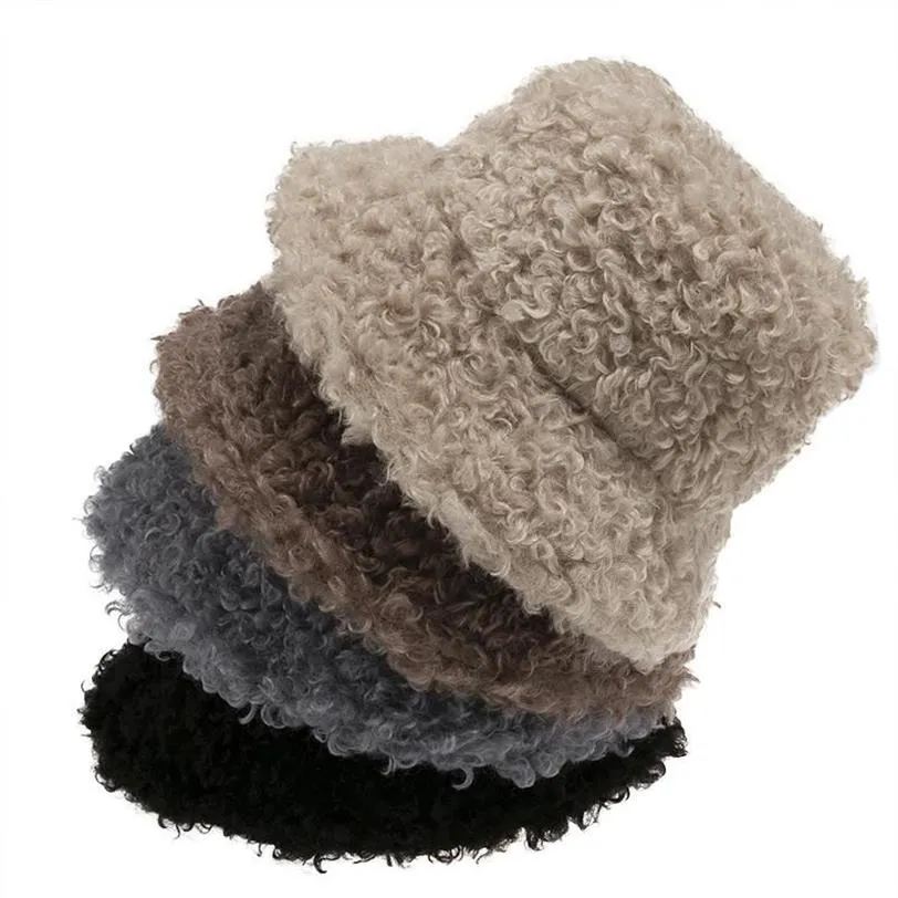 Nowy ciepłe jagnięce na zewnątrz Faux Furt Kapelusz czarny solidny puszysta czapka rybacka Piękna pluszowa ciepła kapelusz rybakowy kobiety Winter306l