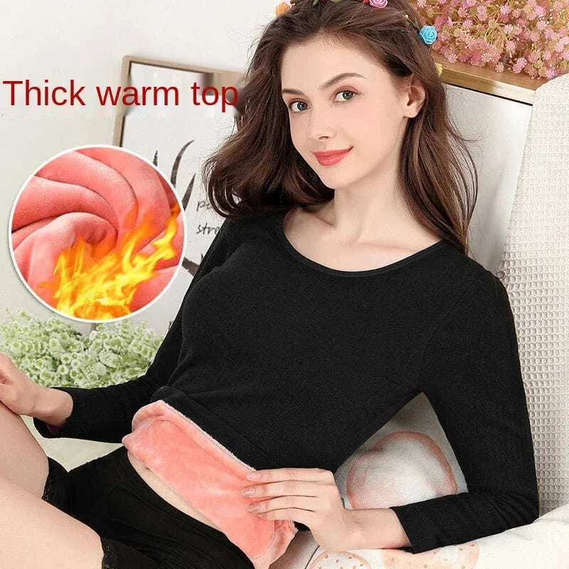 Women's Thermal Underwear Thermal Underwear Women Plus Velvet Thick Autumn Clothes Ladies Bottoming Shirt Body Tights Solid Color Round Neck Top T-shirt 231211