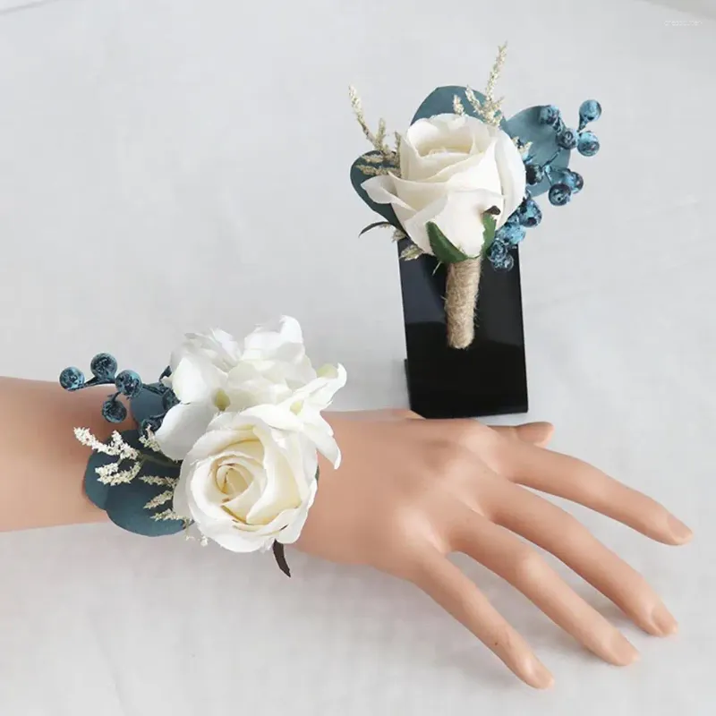 Fleurs décoratives 2 pièces fleur poignet Corsage boutonnière ensemble à la main artificielle mariée main hommes pour la fête de mariage